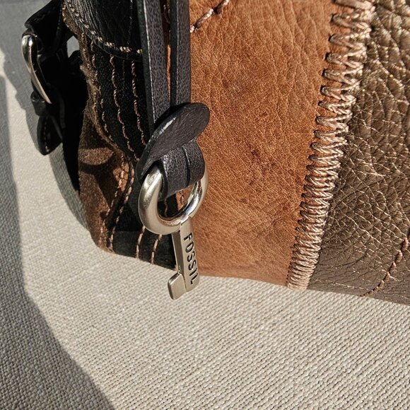 Fossil Vintage Bucket Bag, Satchel, Suede, Leather Patchwork Y2K Black and Brown - Picture 3 of 12
